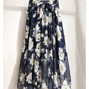 Navy Floral Tie-Waist Sheer Layer Skirt